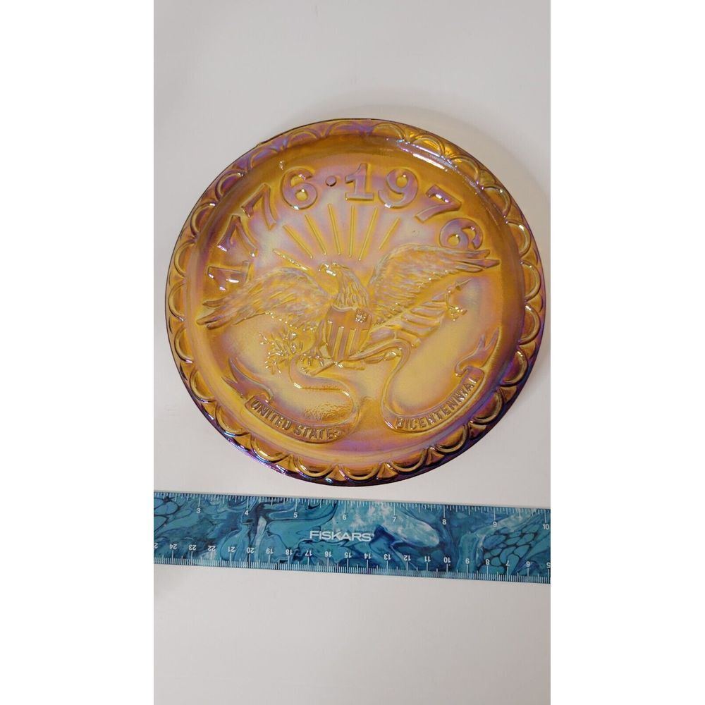 Vintage Indiana Carnival Glass‎ Amber Eagle design Plate Bicentennial 1776-1976